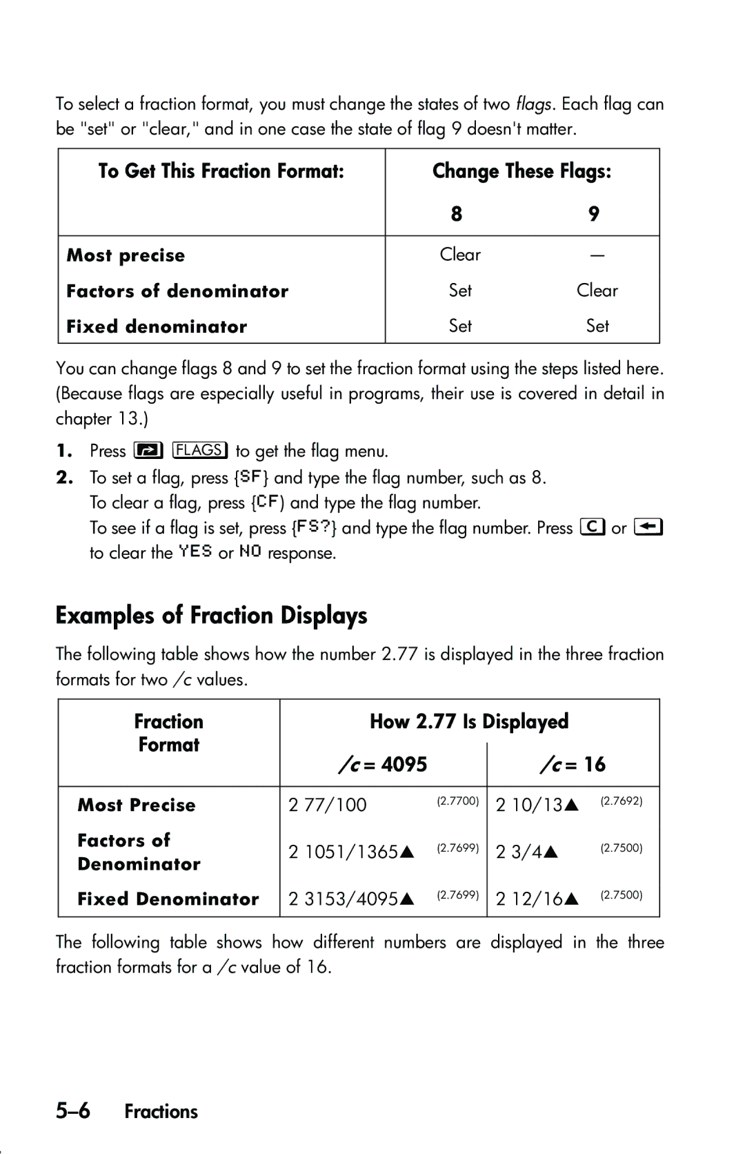 HP 33s Scientific manual Examples of Fraction Displays, To Get This Fraction Format Change These Flags, 6Fractions 