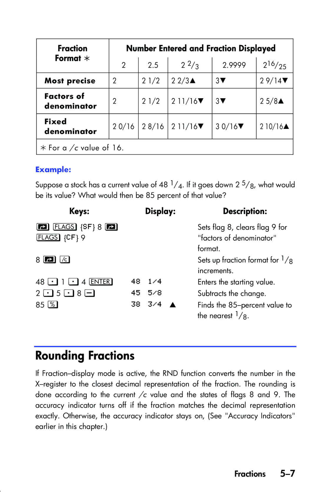 HP 33s Scientific manual Rounding Fractions, Fraction Number Entered and Fraction Displayed Format ¼, Denominator Fixed 