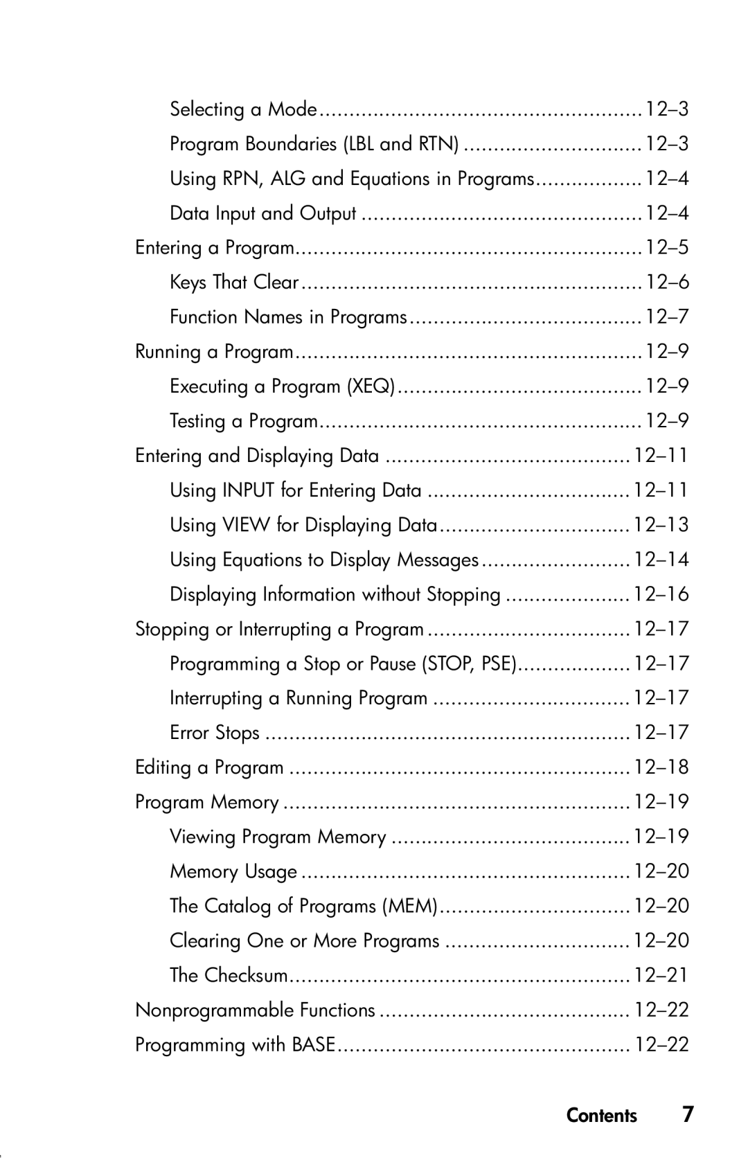 HP 33s Scientific manual Data Input and Output 12-4 Entering a Program 12-5, 12-6, 12-7, Running a Program 12-9, 12-14 