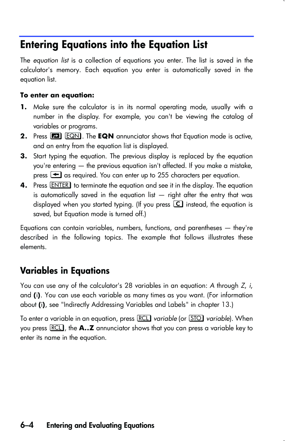 HP 33s Scientific Entering Equations into the Equation List, Variables in Equations, 4Entering and Evaluating Equations 