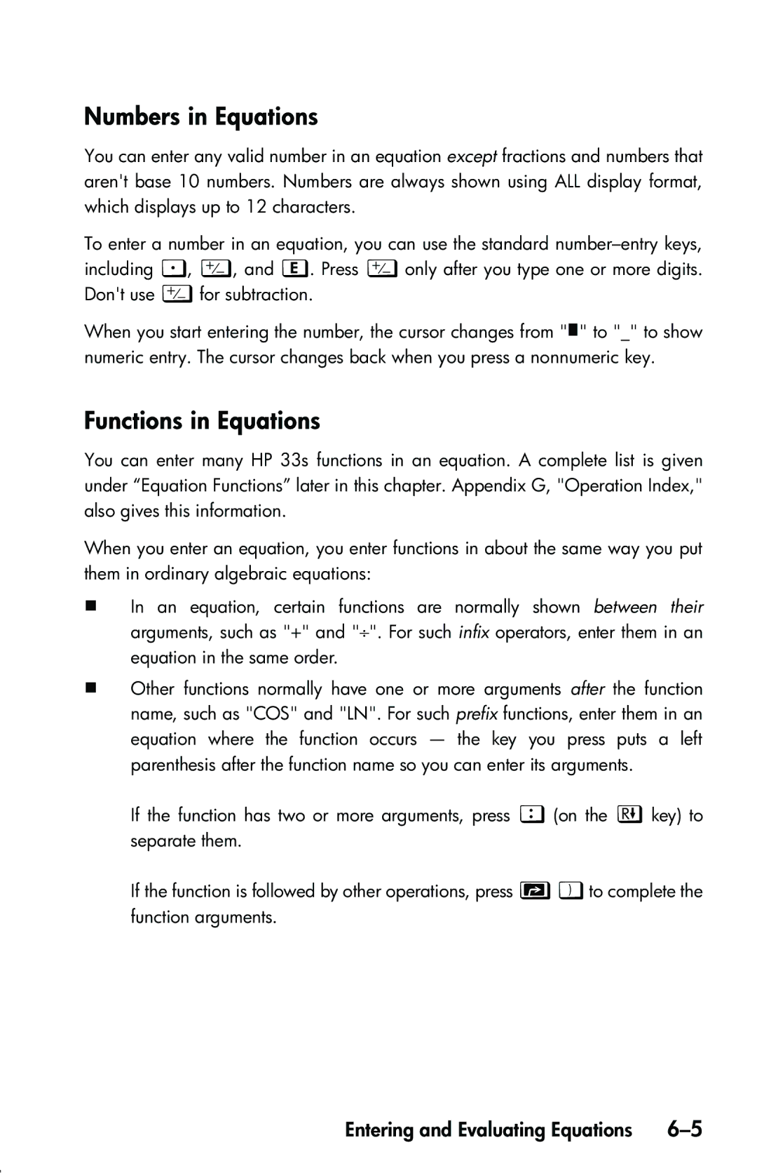 HP 33s Scientific manual Numbers in Equations, Functions in Equations 