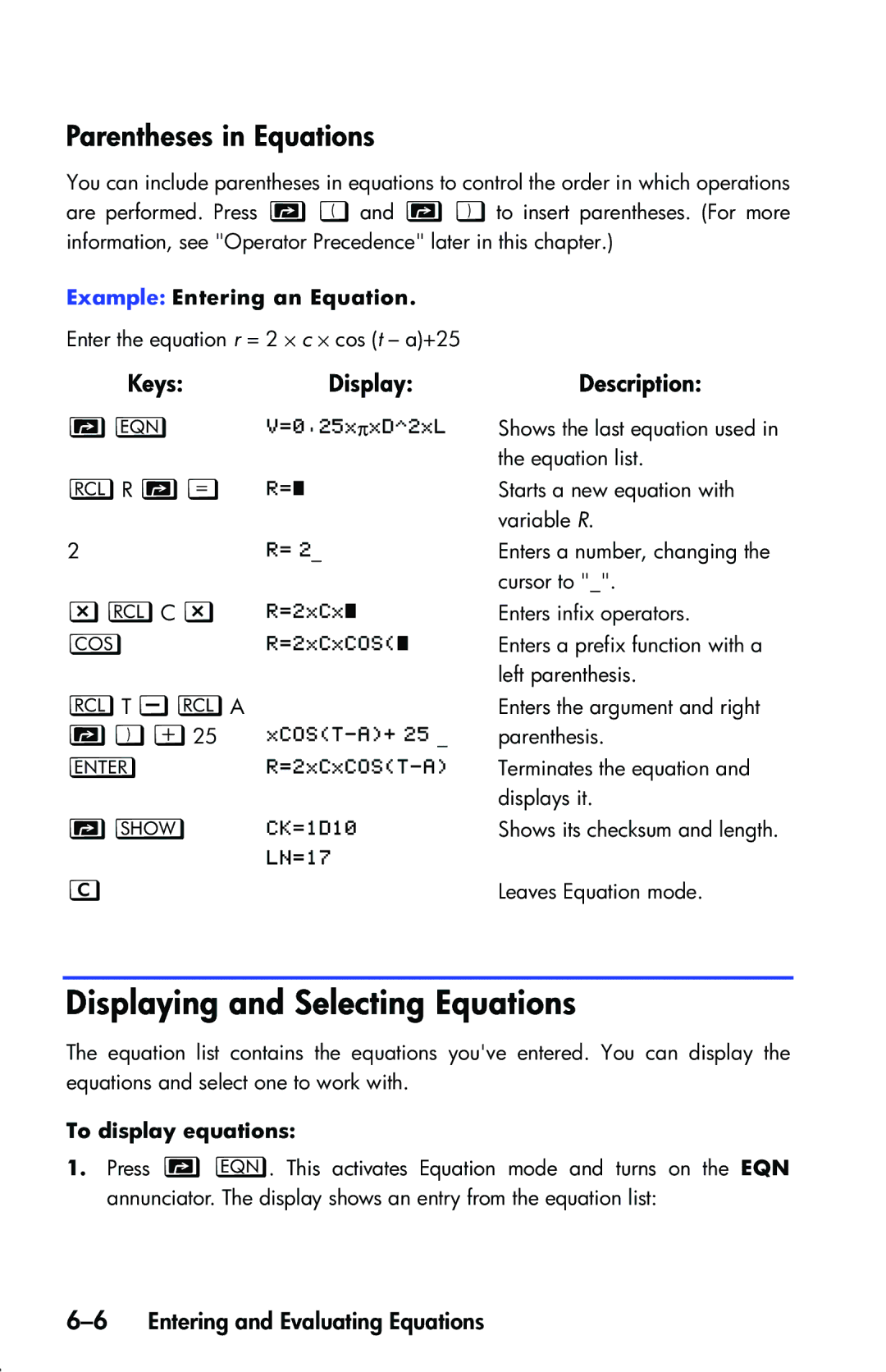 HP 33s Scientific manual Displaying and Selecting Equations, Parentheses in Equations, LR d, ZLC z 