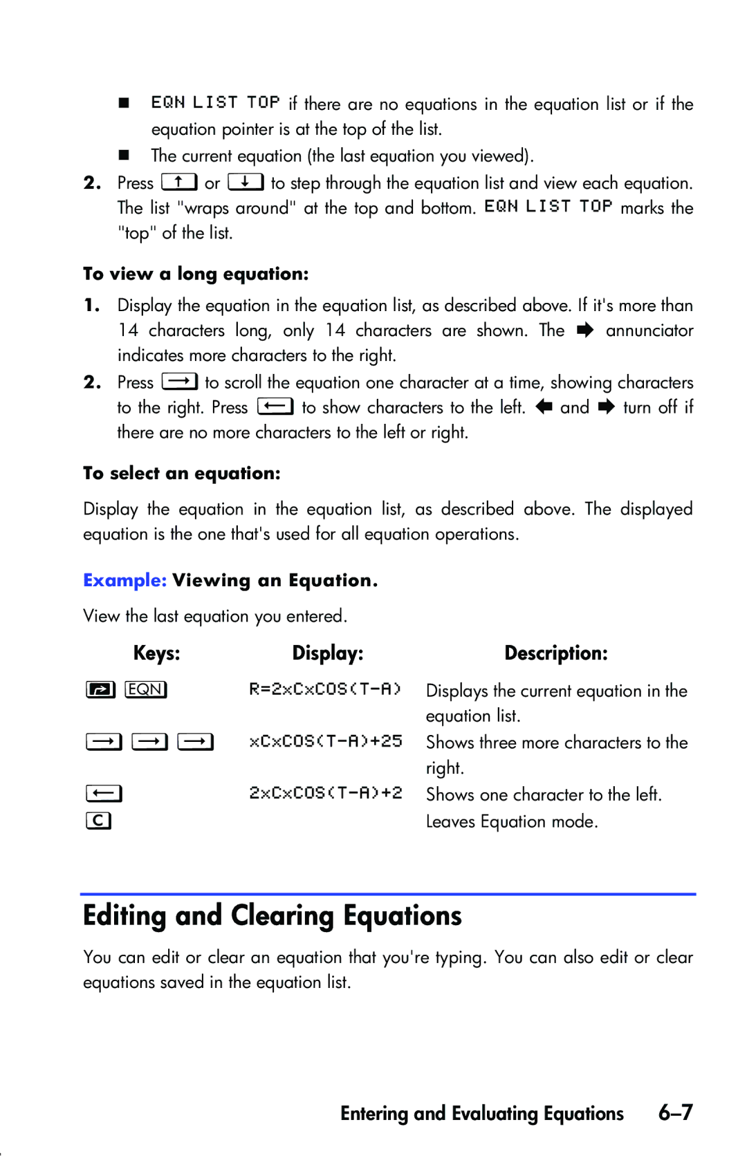 HP 33s Scientific manual Editing and Clearing Equations, ———, To view a long equation, To select an equation 