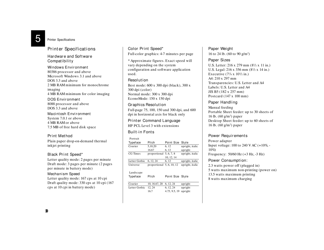 HP 340 manual Printer Specifications 