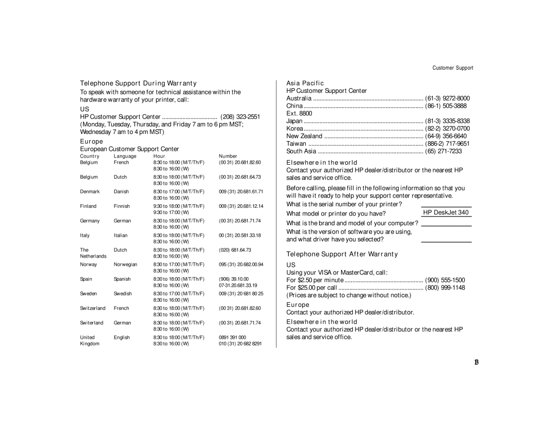 HP 340 Telephone Support During Warranty, Telephone Support After Warranty, Europe, Asia Pacific, Elsewhere in the world 