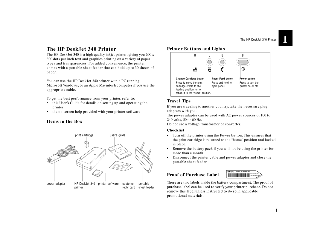 HP 340 manual Items in the Box, Printer Buttons and Lights, Travel Tips, Proof of Purchase Label, Checklist 