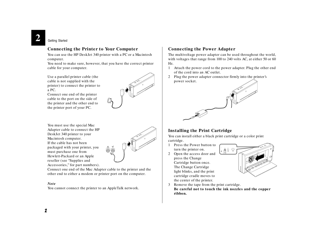 HP 340 manual Connecting the Printer to Your Computer, Connecting the Power Adapter, Installing the Print Cartridge 