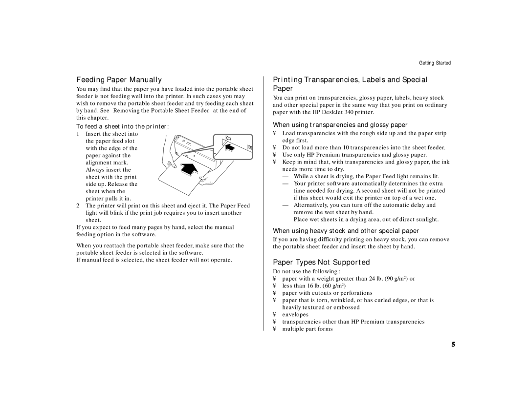 HP 340 manual Feeding Paper Manually, Printing Transparencies, Labels and Special Paper, Paper Types Not Supported 