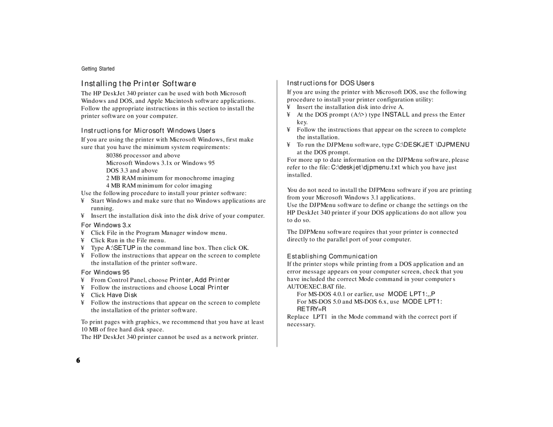 HP 340 manual Installing the Printer Software, Instructions for Microsoft Windows Users, Instructions for DOS Users 