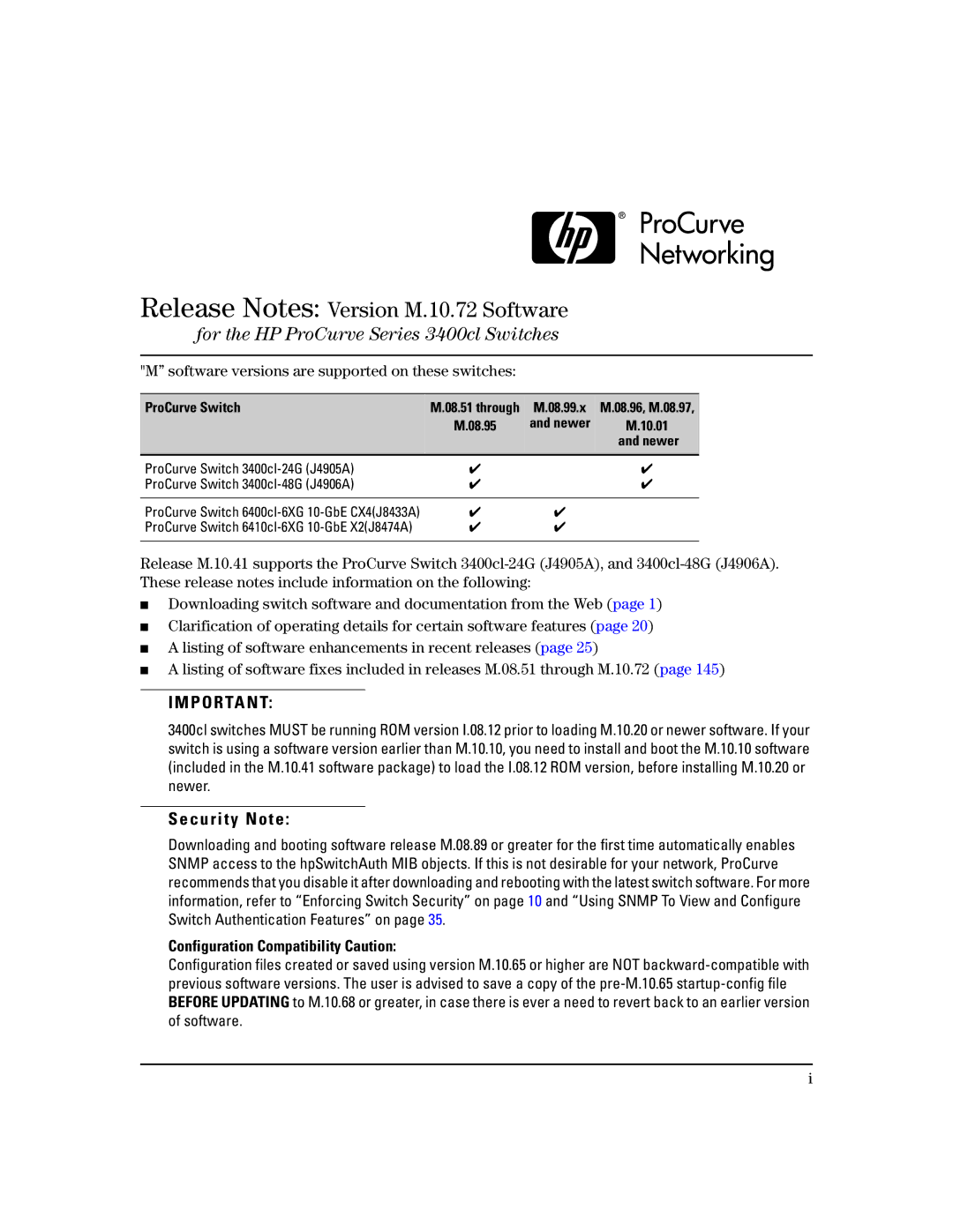 HP 3400CL-24G manual Release Notes Version M.10.72 Software, For the HP ProCurve Series 3400cl Switches 