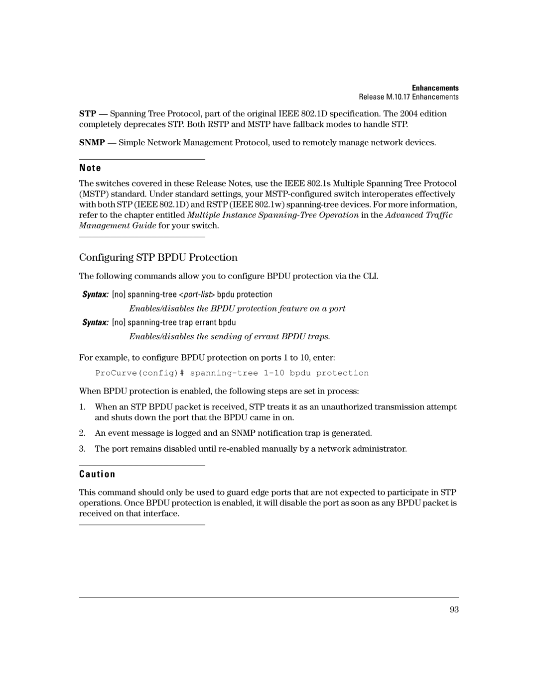 HP 3400CL-24G manual Configuring STP Bpdu Protection, ProCurveconfig# spanning-tree 1-10 bpdu protection 