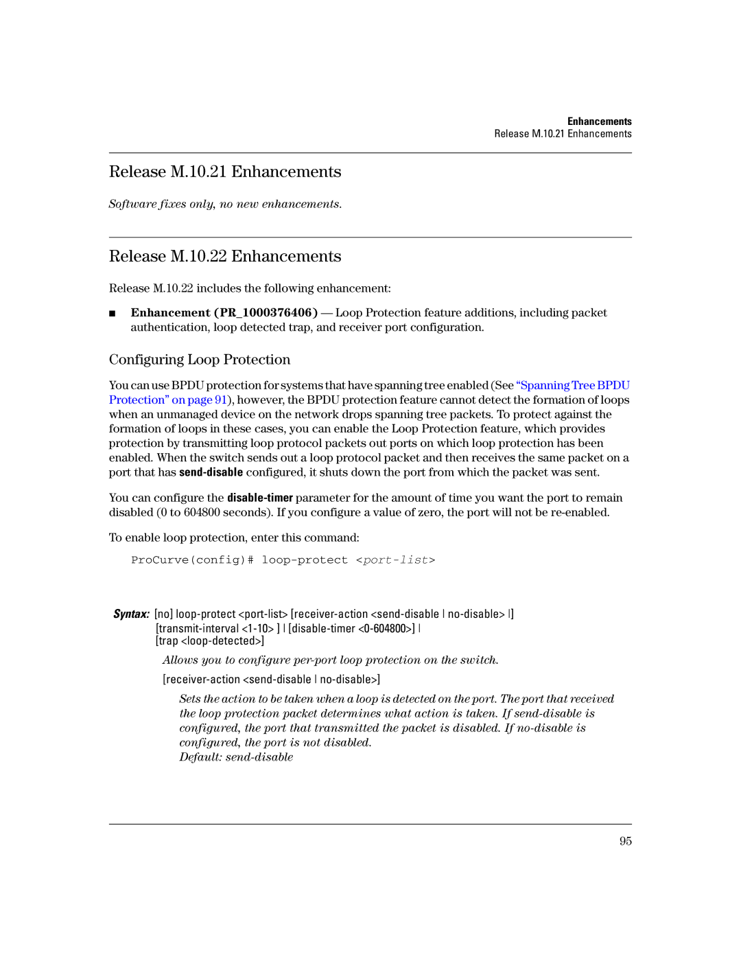 HP 3400CL-24G manual Release M.10.21 Enhancements, Release M.10.22 Enhancements, Configuring Loop Protection 