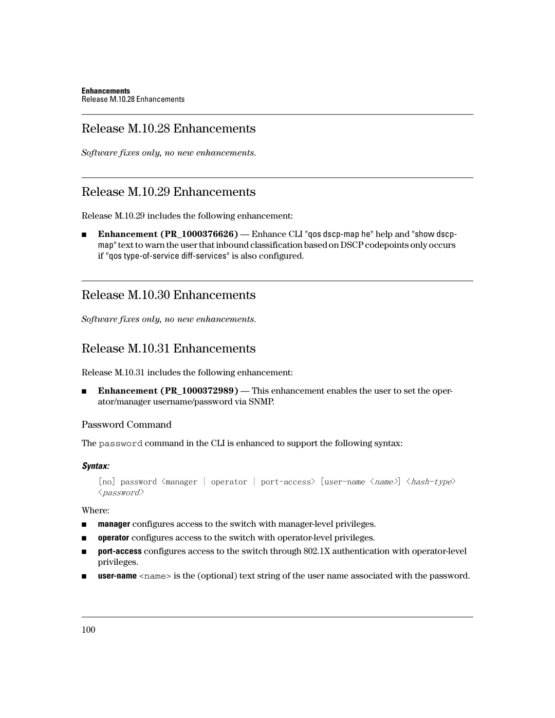 HP 3400CL-24G manual Release M.10.28 Enhancements, Release M.10.29 Enhancements, Release M.10.30 Enhancements 