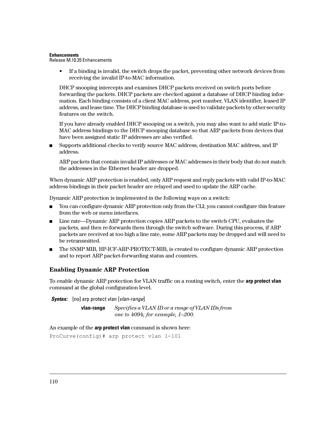 HP 3400CL-24G manual Enabling Dynamic ARP Protection, ProCurveconfig# arp protect vlan 