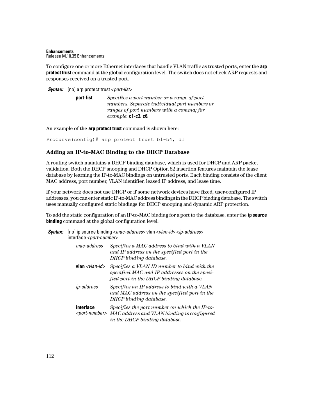 HP 3400CL-24G manual Adding an IP-to-MAC Binding to the Dhcp Database, ProCurveconfig# arp protect trust b1-b4, d1 