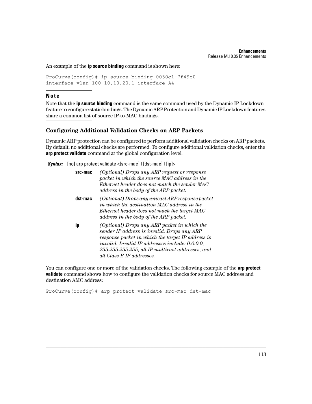 HP 3400CL-24G manual Configuring Additional Validation Checks on ARP Packets 