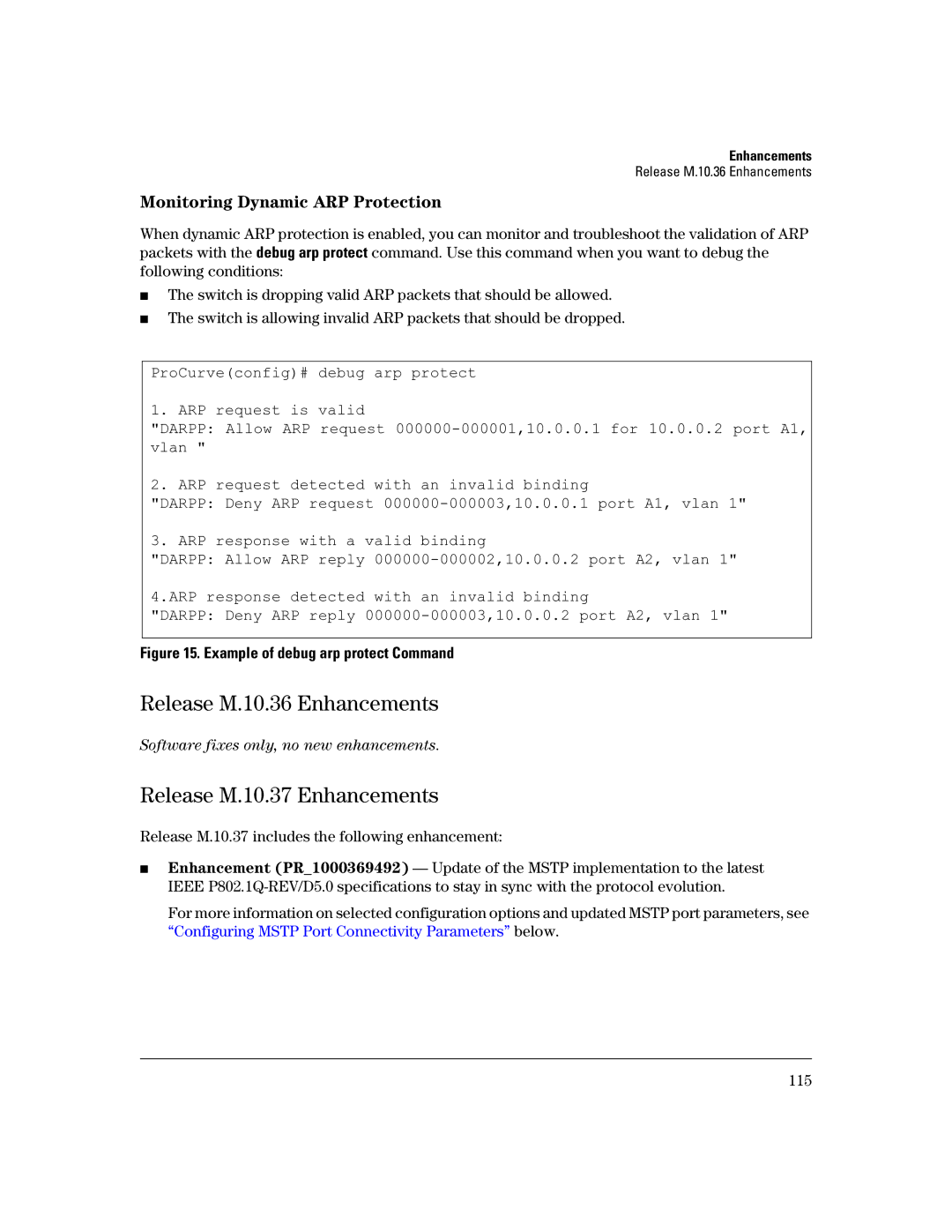 HP 3400CL-24G manual Release M.10.36 Enhancements, Release M.10.37 Enhancements, Monitoring Dynamic ARP Protection 