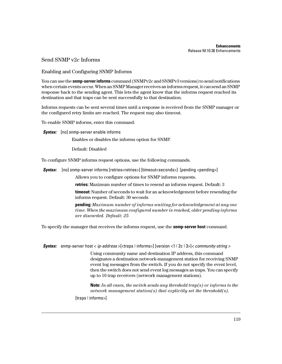 HP 3400CL-24G manual Send Snmp v2c Informs, Enabling and Configuring Snmp Informs 