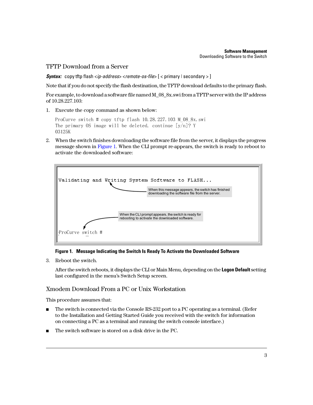 HP 3400CL-24G manual Tftp Download from a Server, Xmodem Download From a PC or Unix Workstation 