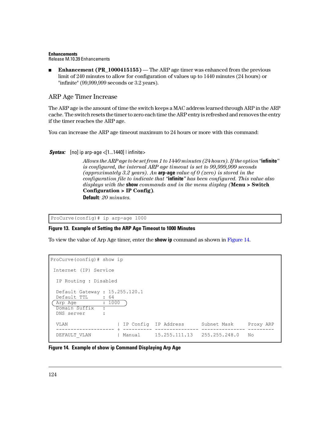 HP 3400CL-24G manual ARP Age Timer Increase, Example of Setting the ARP Age Timeout to 1000 Minutes 