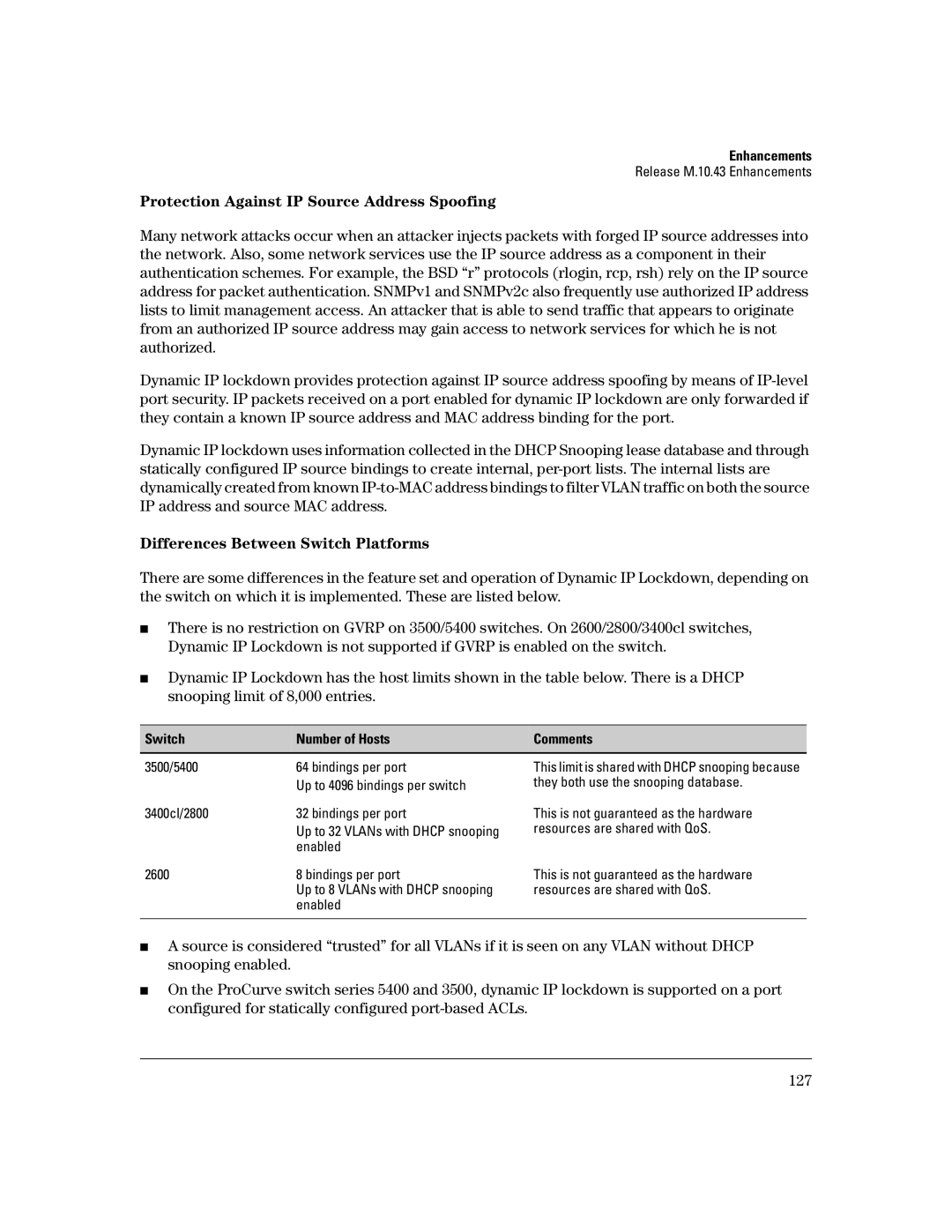 HP 3400CL-24G manual Protection Against IP Source Address Spoofing, Differences Between Switch Platforms 