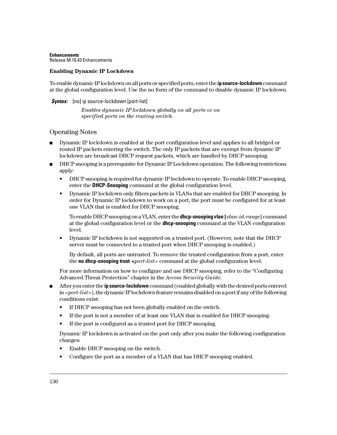 HP 3400CL-24G manual Operating Notes, Enabling Dynamic IP Lockdown 