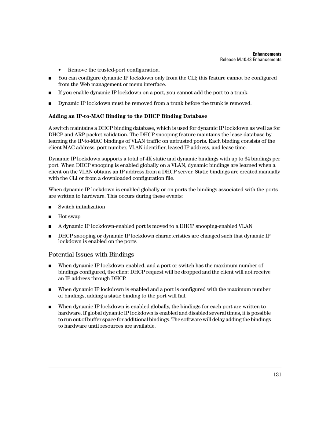 HP 3400CL-24G manual Potential Issues with Bindings, Adding an IP-to-MAC Binding to the Dhcp Binding Database 