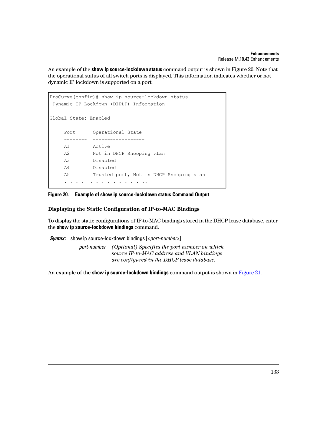 HP 3400CL-24G manual Example of show ip source-lockdown status Command Output 