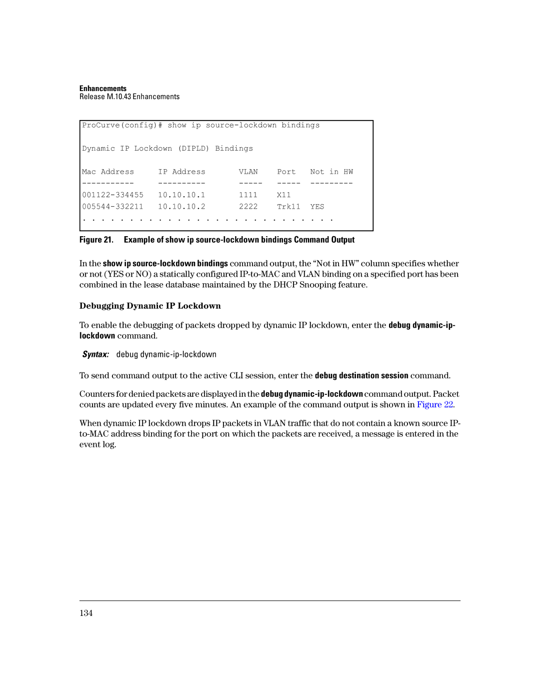 HP 3400CL-24G manual Example of show ip source-lockdown bindings Command Output, Debugging Dynamic IP Lockdown 