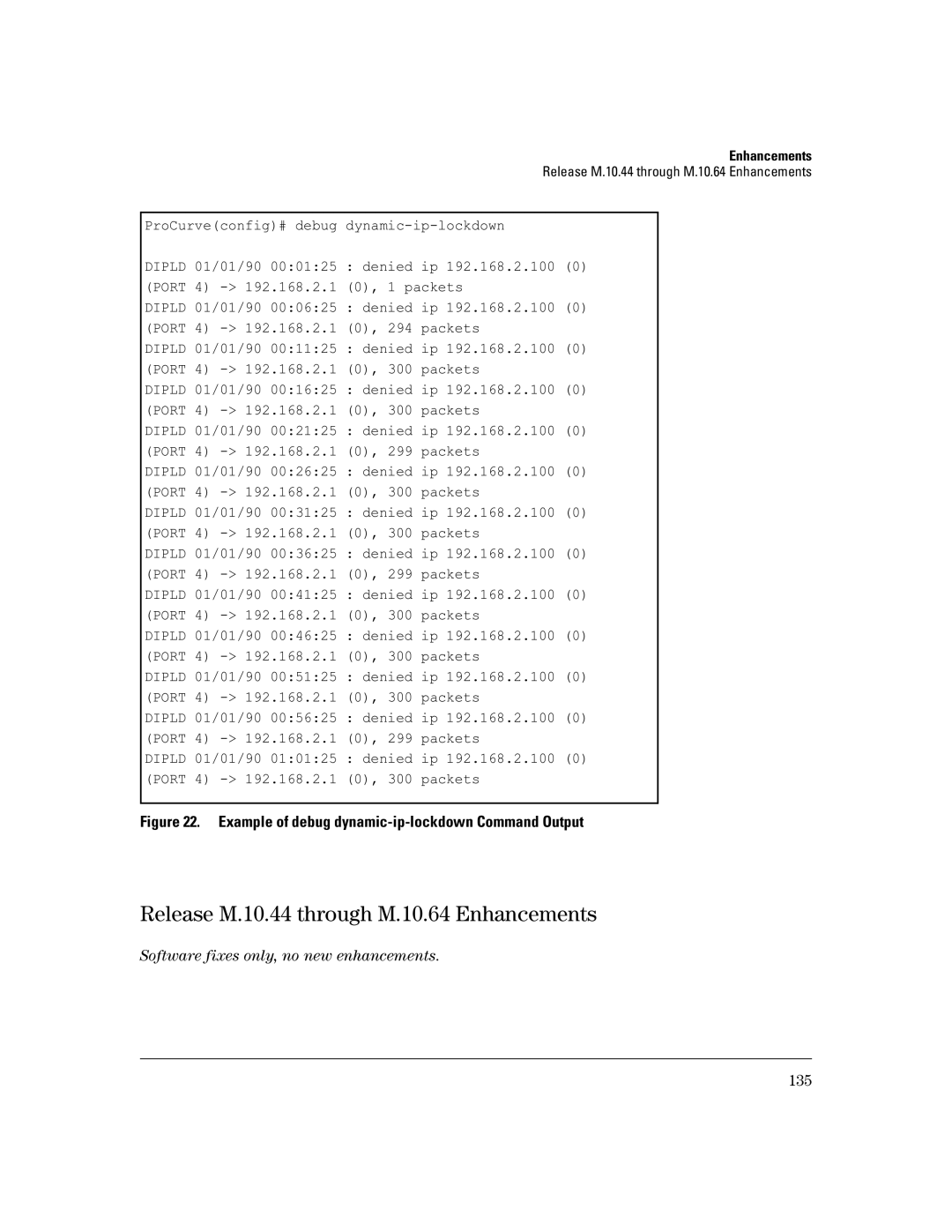 HP 3400CL-24G manual Release M.10.44 through M.10.64 Enhancements, Example of debug dynamic-ip-lockdown Command Output 