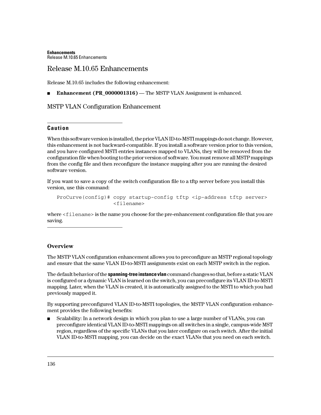 HP 3400CL-24G manual Release M.10.65 Enhancements, Mstp Vlan Configuration Enhancement 