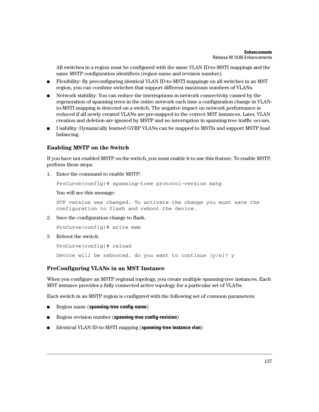 HP 3400CL-24G manual Enabling Mstp on the Switch, PreConfiguring VLANs in an MST Instance, ProCurveconfig# write mem 