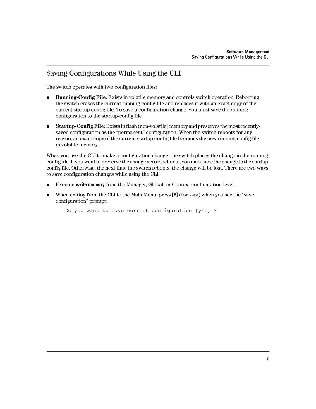 HP 3400CL-24G manual Saving Configurations While Using the CLI, Do you want to save current configuration y/n ? 