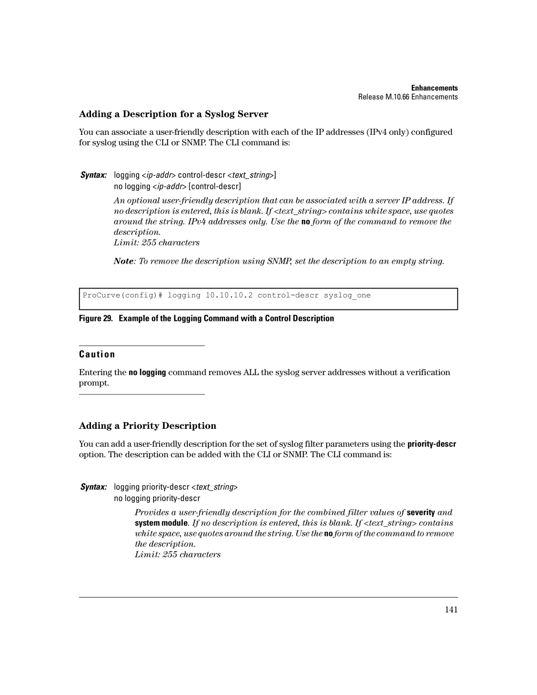 HP 3400CL-24G manual Adding a Description for a Syslog Server, Adding a Priority Description 