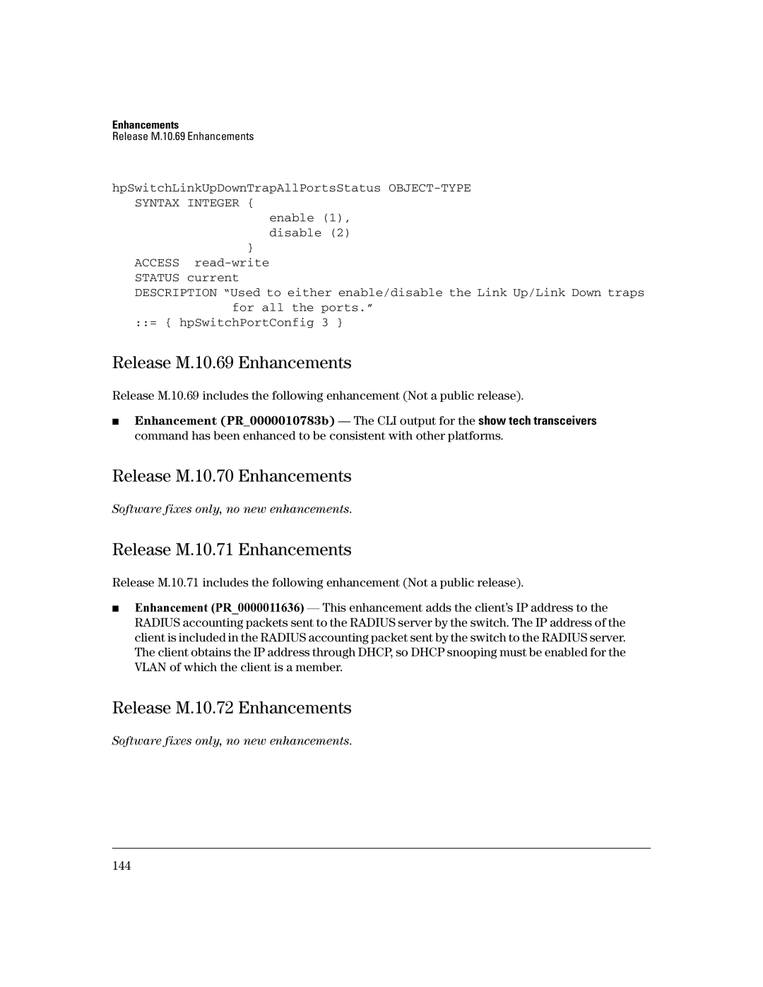 HP 3400CL-24G manual Release M.10.69 Enhancements, Release M.10.70 Enhancements, Release M.10.71 Enhancements 