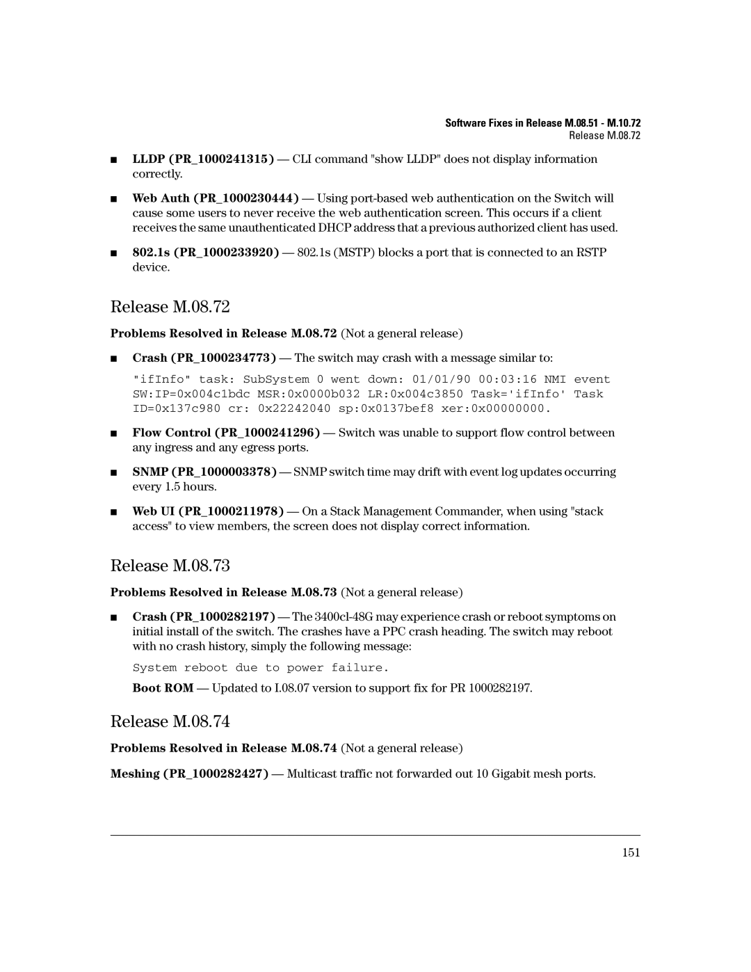 HP 3400CL-24G manual Release M.08.72, Release M.08.73, Release M.08.74 