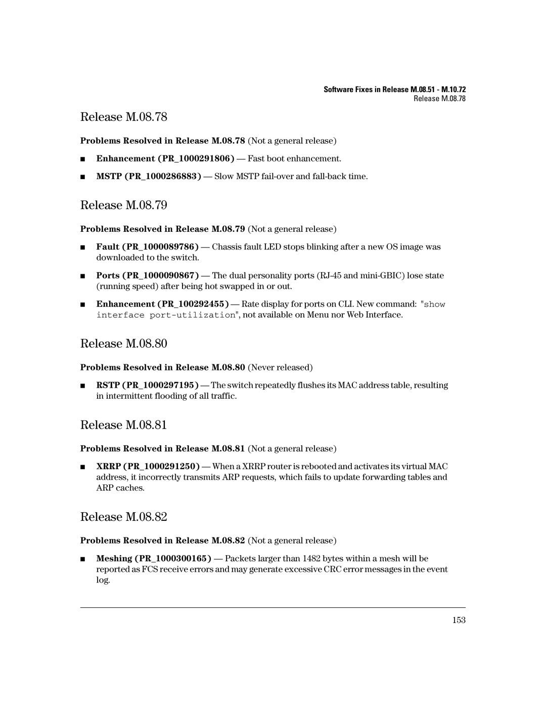 HP 3400CL-24G manual Release M.08.78, Release M.08.79, Release M.08.80, Release M.08.81, Release M.08.82 