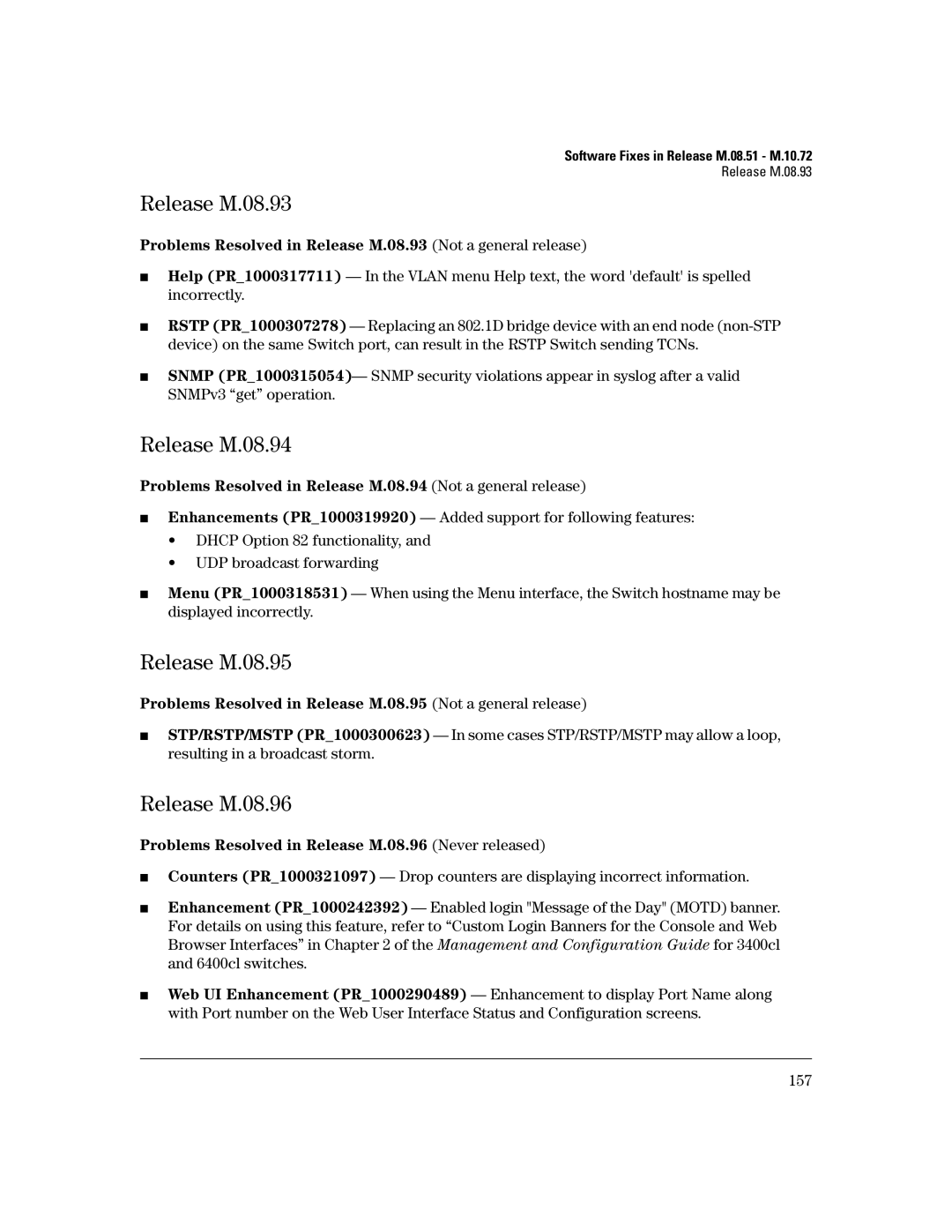 HP 3400CL-24G manual Release M.08.93, Release M.08.94, Release M.08.95, Release M.08.96 