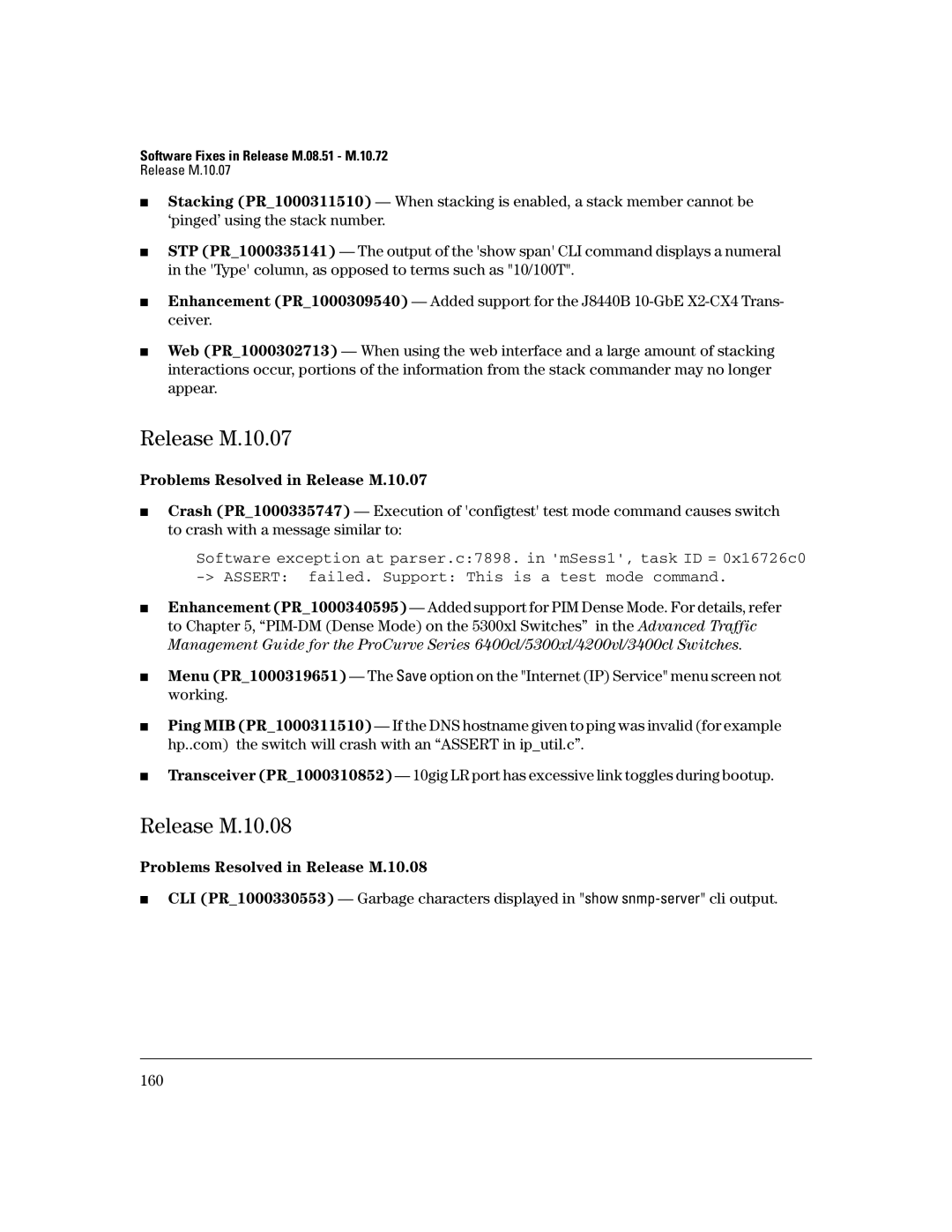 HP 3400CL-24G manual Problems Resolved in Release M.10.07, Problems Resolved in Release M.10.08 