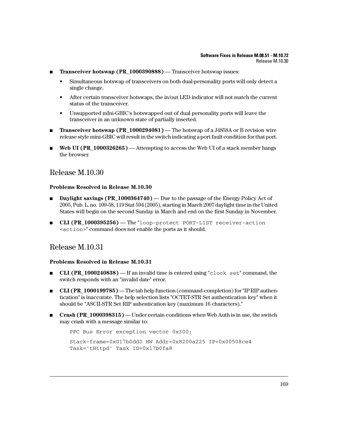 HP 3400CL-24G manual Release M.10.30, Release M.10.31, Transceiver hotswap PR1000390888 Transceiver hotswap issues 