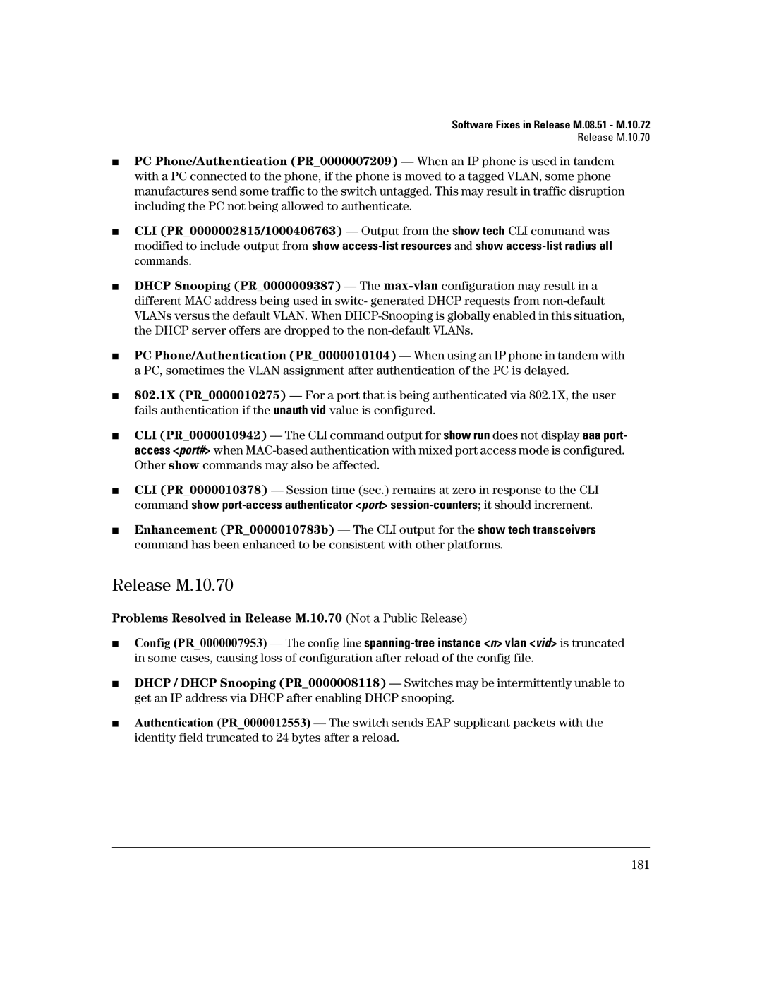 HP 3400CL-24G manual Problems Resolved in Release M.10.70 Not a Public Release 