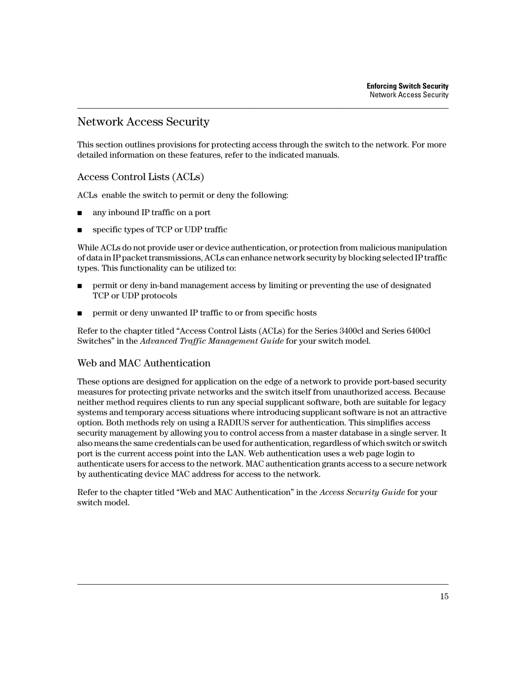 HP 3400CL-24G manual Network Access Security, Access Control Lists ACLs, Web and MAC Authentication 