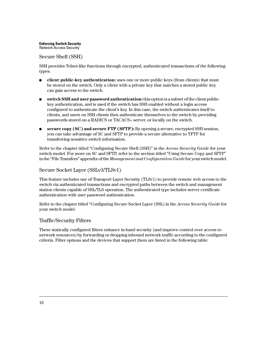 HP 3400CL-24G manual Secure Shell SSH, Secure Socket Layer SSLv3/TLSv1, Traffic/Security Filters 