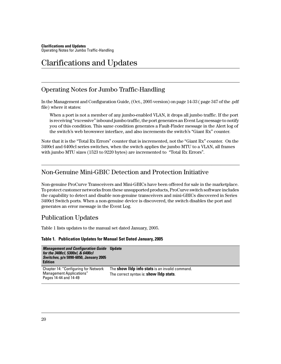 HP 3400CL-24G manual Operating Notes for Jumbo Traffic-Handling, Non-Genuine Mini-GBIC Detection and Protection Initiative 