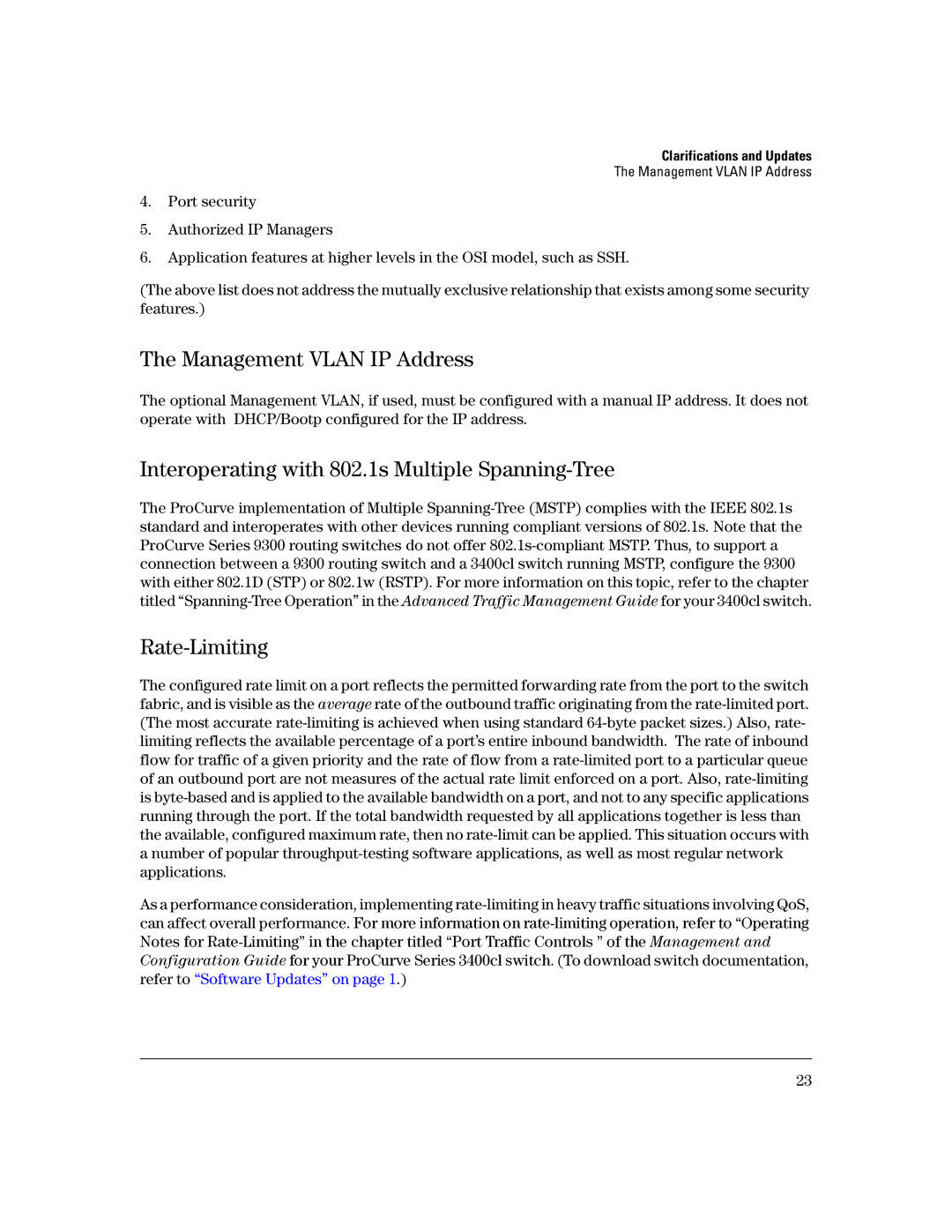 HP 3400CL-24G manual Management Vlan IP Address, Interoperating with 802.1s Multiple Spanning-Tree, Rate-Limiting 