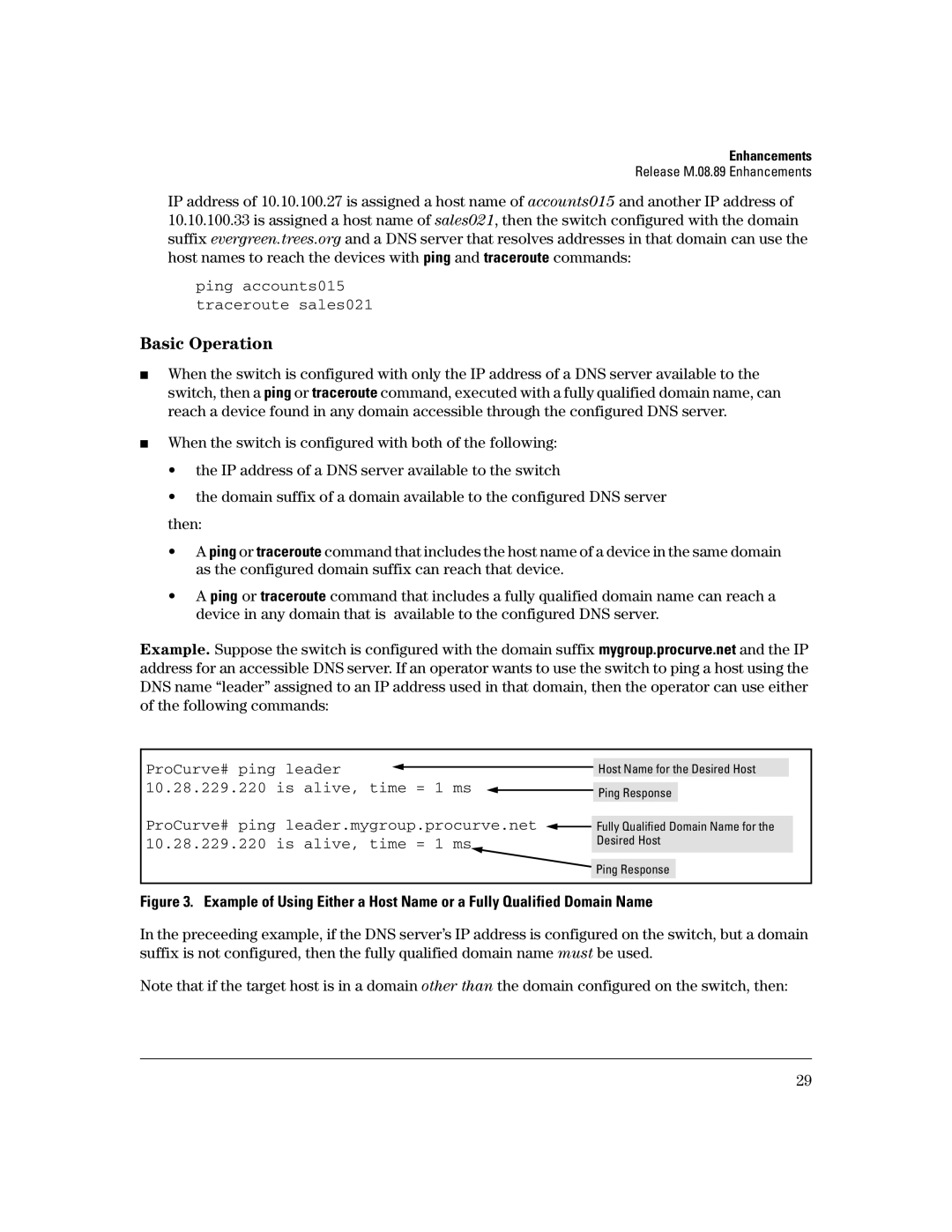 HP 3400CL-24G manual Basic Operation, Ping accounts015 traceroute sales021, ProCurve# Ping leader, Alive, time = 