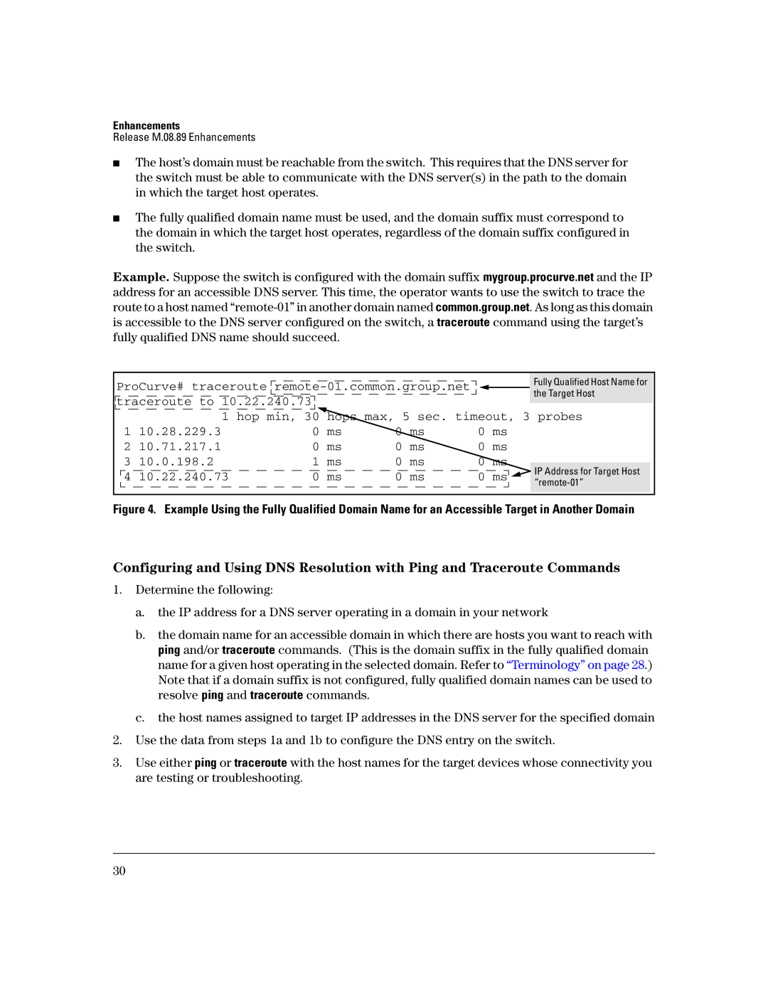 HP 3400CL-24G manual ProCurve# traceroute Remote-01.common.group.net, 10.22.240.73 