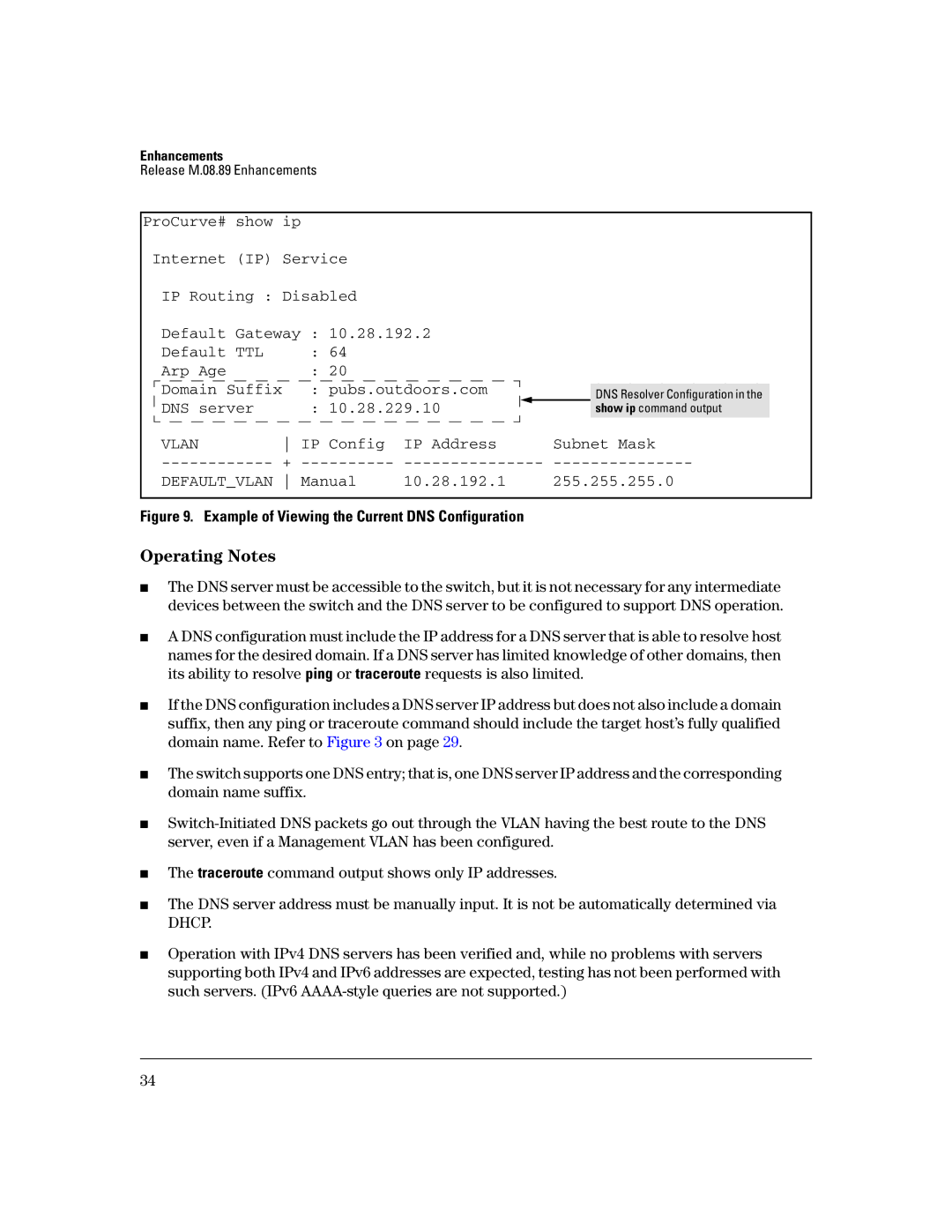 HP 3400CL-24G manual Arp Age Domain Suffix Pubs.outdoors.com, Server 10.28.229.10, IP Config IP Address Subnet Mask 