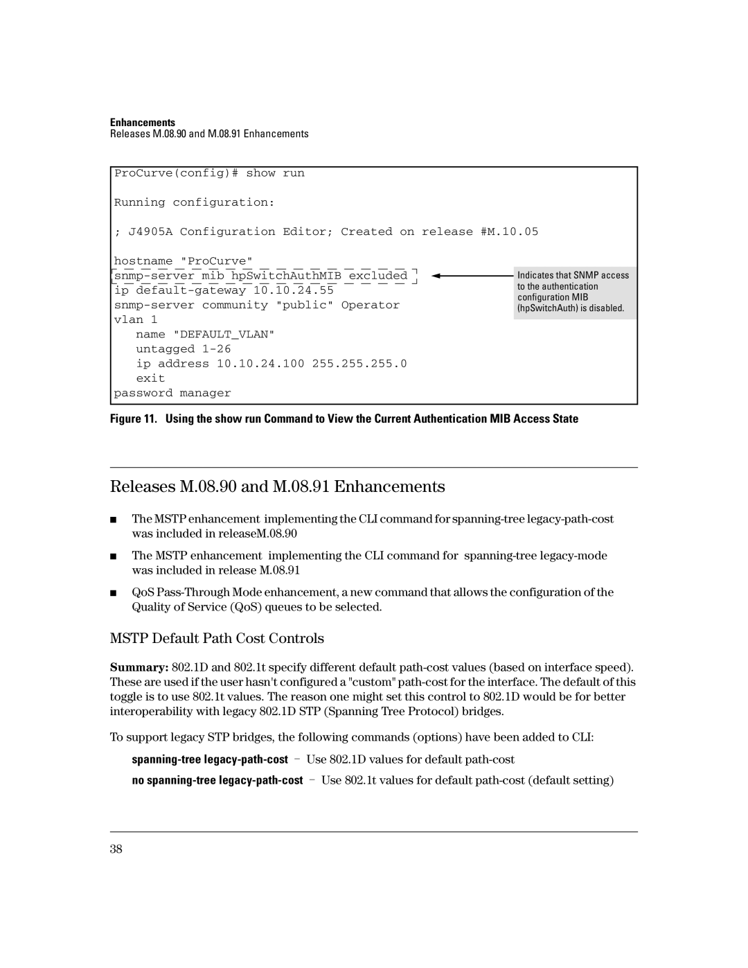 HP 3400CL-24G manual Releases M.08.90 and M.08.91 Enhancements, Mstp Default Path Cost Controls 