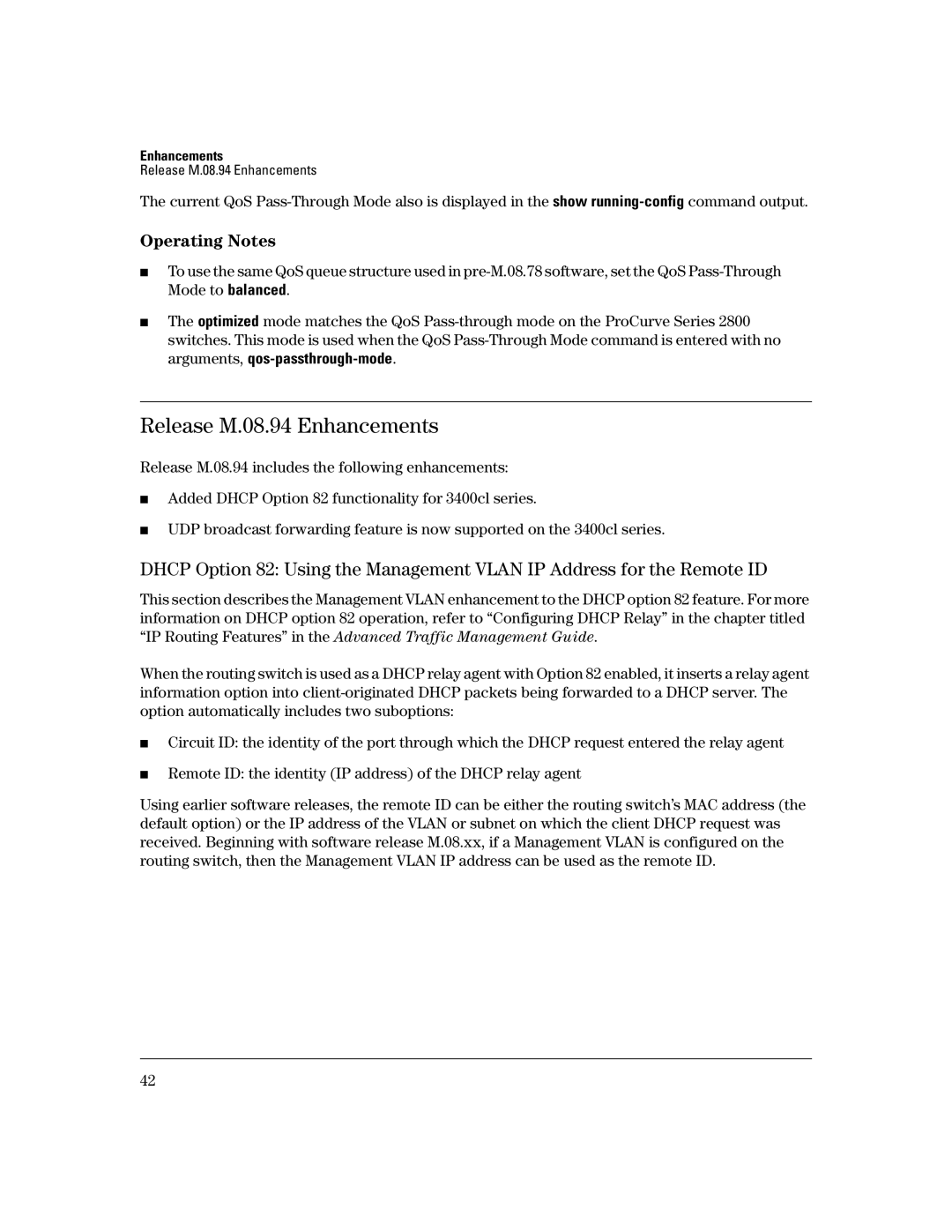 HP 3400CL-24G manual Release M.08.94 Enhancements, Operating Notes 